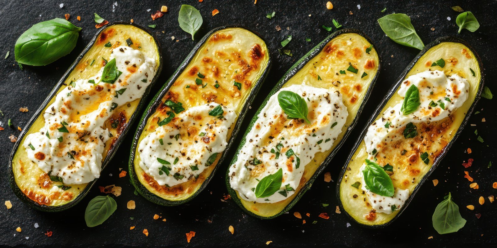 Delicately baked zucchini boats topped with creamy cheese and fresh herbs on a dark surface
